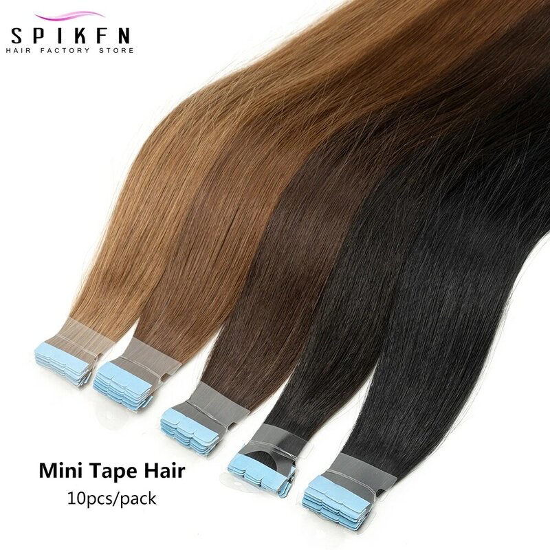 Прямые Мини-ленты SPIKFN 12-24 дюйма для наращивания волос, невидимый уток кожи, клейкая ткань, 10 шт./упаковка, натуральные волосы