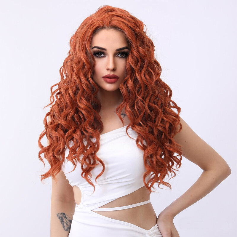 Smilco-Peluca de cabello sintético para mujer, postizo de encaje frontal, color naranja, rizado, Invisible, predespuntado, parte media, resistente al calor