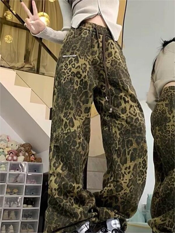 HOUZHOU Y2k celana olahraga macan tutul antik celana kargo gambar hewan longgar wanita celana panjang olahraga Jogger tembakan tinggi gaya Korea musim semi