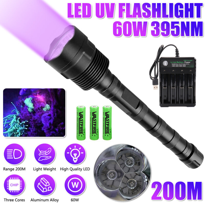 3 Lampe 60w starke ultraviolette 395nm Taschenlampe hoch auflösende ultraviolette Hoch leistung und profession elle Langstrecken strahl