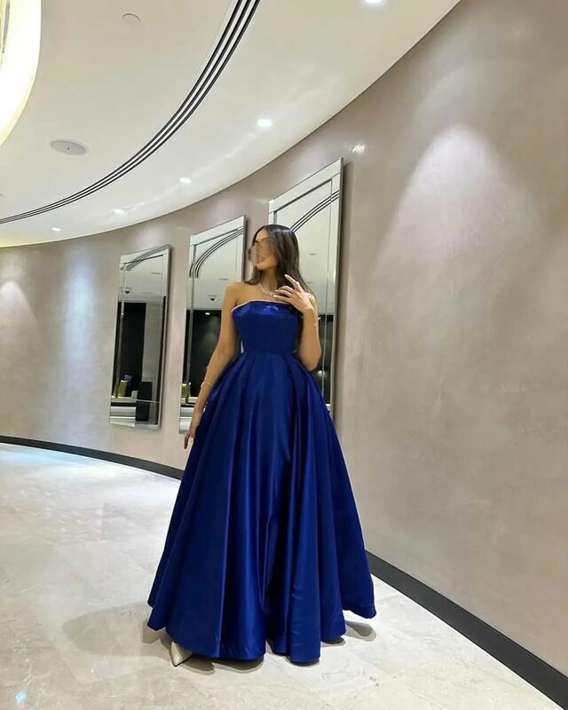 Синее элегантное платье для выпускного вечера без бретелек, роскошное Атласное Вечернее платье до пола без рукавов, для торжественных случаев, скидка на заказ