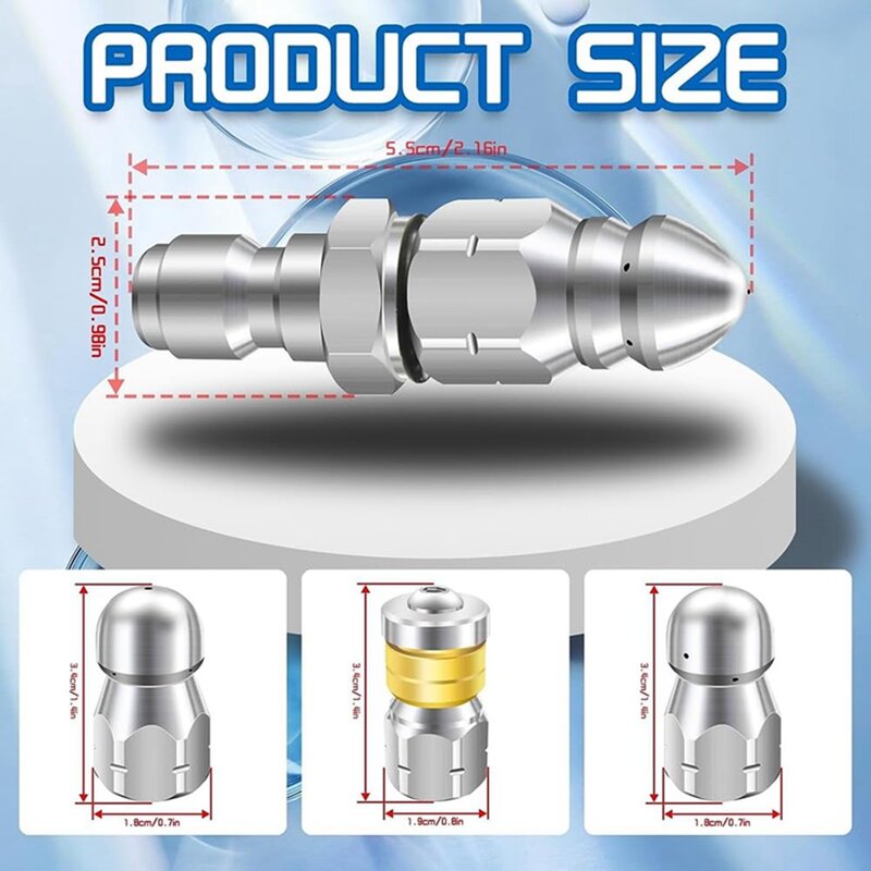 Sewer Jetter Nozzle Rotating Button Nose Stainless Steel for 1/4 Inch Pressure Washer Quick Connector Pressure up to 5000 PSI