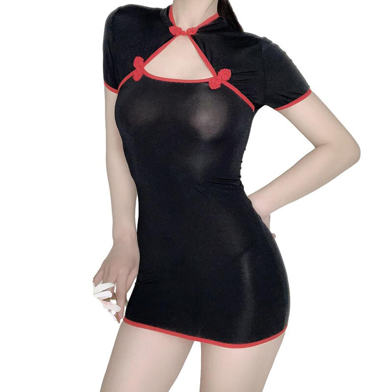 Frau sexy Kleidung Bandage Neck holder Kleid elastische Nachtwäsche enge Versuchung Rock durchsichtige ultra dünne Dessous Cosplay Kostüm