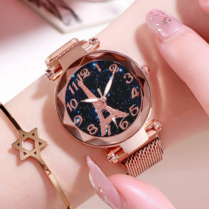 파리 에펠 탑 스타 시계 여성 간단한 메쉬 벨트 시계