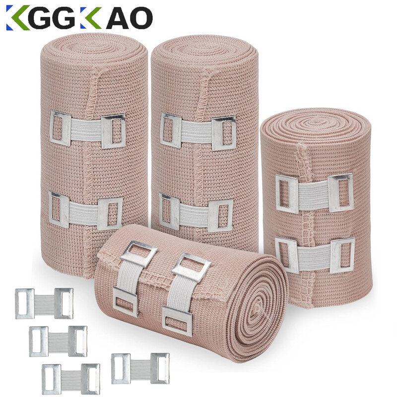 Envoltura de vendaje elástico, paquete de 4 rollos de vendaje de compresión Premium + 10 Clips adicionales, 2 rollos de cada tamaño (4 pulgadas y 3 pulgadas x 5 pies)