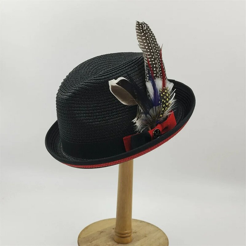 2023 Fashion Vintage Feather Curled Brim Straw Hat Luxury Jazz Ribbon Panama Straw Hat Men's Fedora Straw Hat