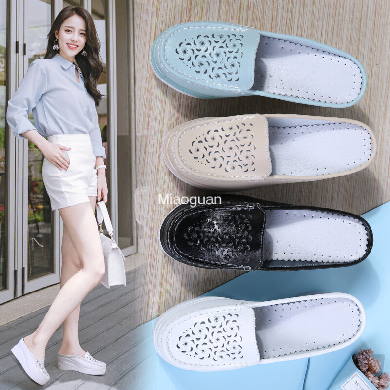 Summer Women Platform Slipper Flats Breathable PU Leather Casual Shoes Slip-on Comfortable Nurses Shoes Wedges Sandals Outside