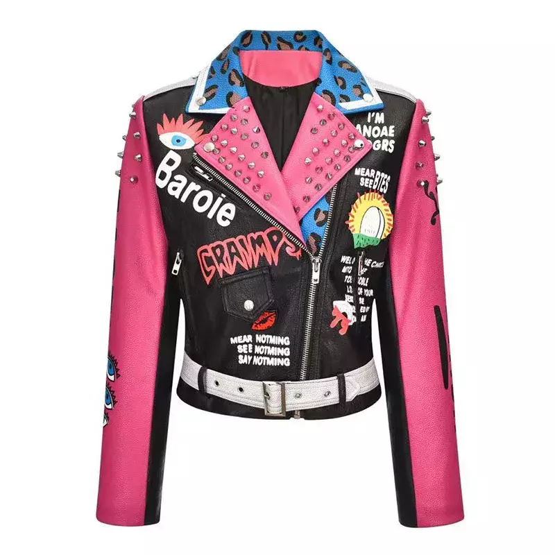 Женская куртка из искусственной кожи с контрастным принтом граффити, новая уличная одежда, облегающая короткая мотоциклетная гоночная куртка на молнии, 2024