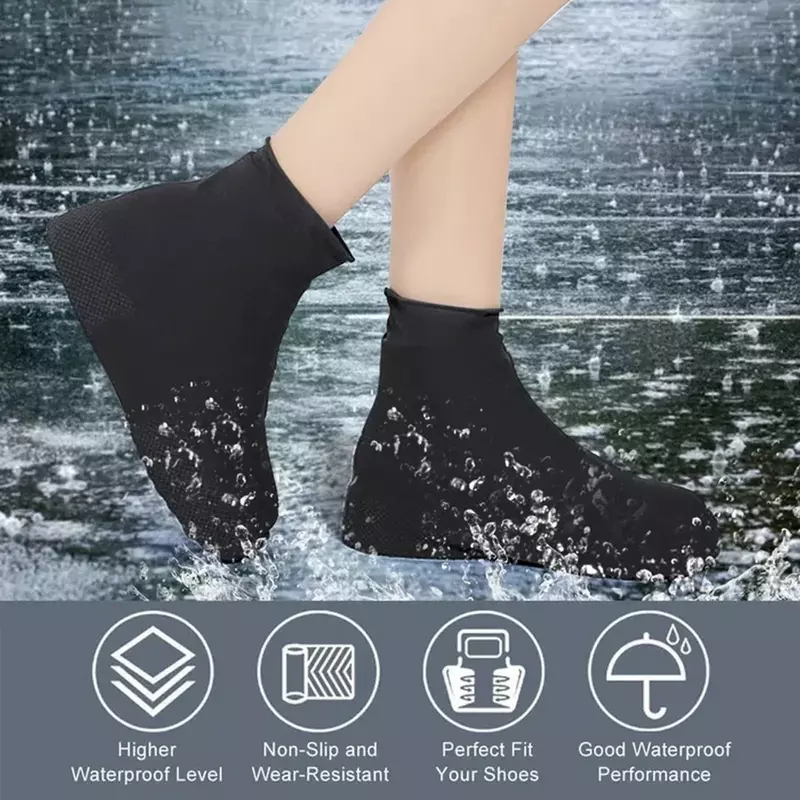 Sepatu bot hujan Unisex, 2 buah sepatu silikon anti selip elastis tinggi tahan aus untuk luar ruangan Hari Hujan dapat digunakan kembali