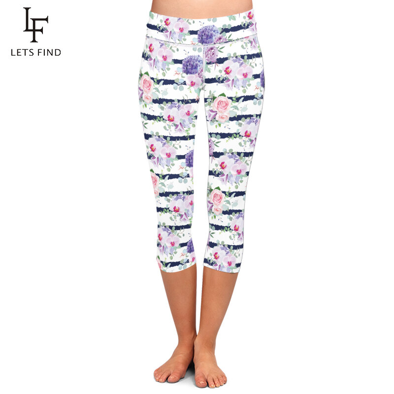 Nova alta elástica capri leggings de cintura alta flores imprimir meados de bezerro 3/4 estiramento feminino leggings para o verão