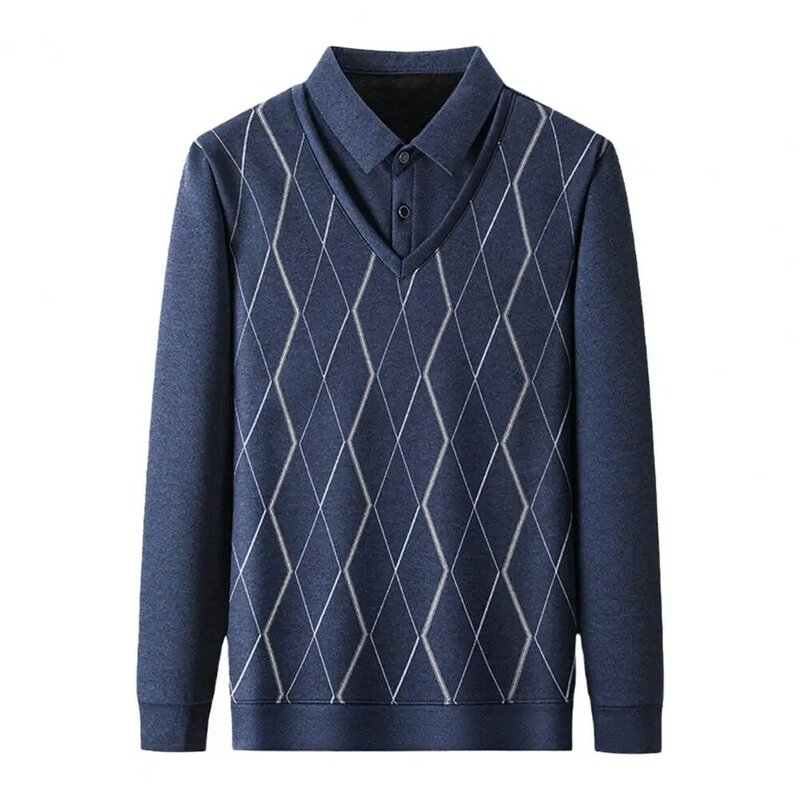 Faux zweiteiliger Pullover Herren Rhombus Print gefälschter zweiteiliger Pullover warmer Strick pullover für Herbst Winter Slim Fit für Kinder mittleren Alters