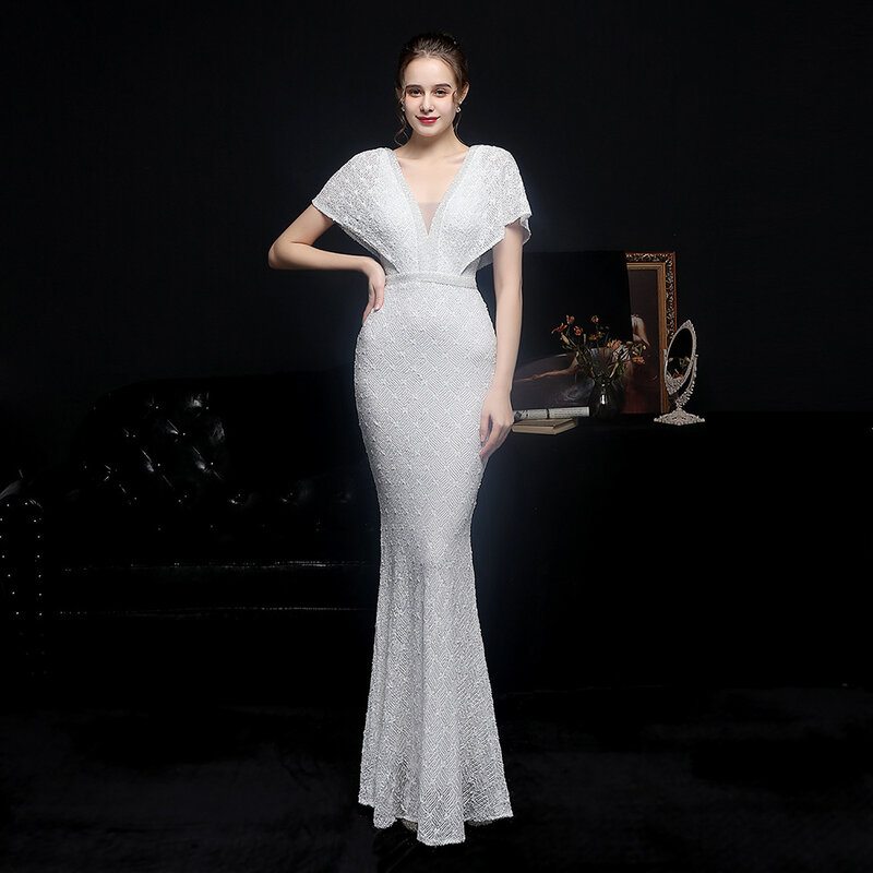 Elegant White Mermaid Evening Dress Sparkling Luxury Sequins Short Sleeves Robe De Mariée Formal Pageant Guest Party Prom Gown