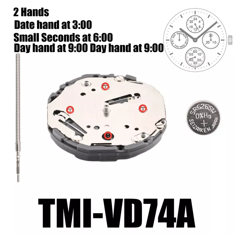 Movimento VD74 Movimento Multi-Eye, 2 mãos, Dia, Data, 24 h, Pequeno seg, Tamanho, 3,45mm, Altura 3,45mm