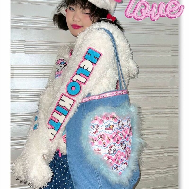 Sanrio-Bolso de hombro de tela vaquera de Hello Kitty para mujer, bolso de mano de felpa con corazón, empalme Y2K, Estética de calle alta, estilo informal para viaje