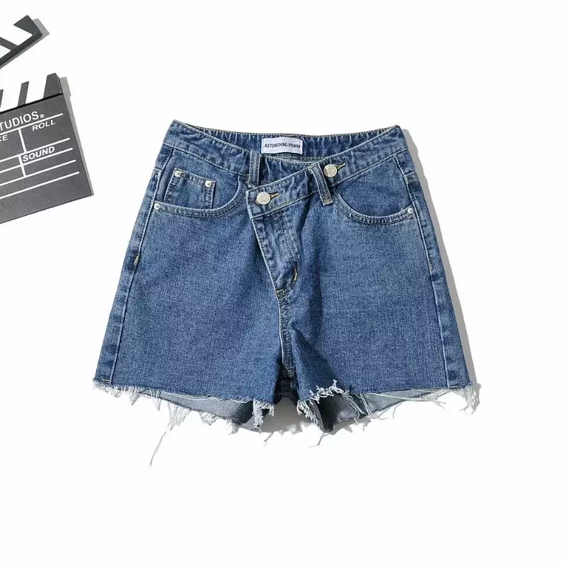 Pantalones cortos vaqueros con borlas para mujer, Shorts informales de cintura alta, ropa de calle de verano, Color liso, 2022