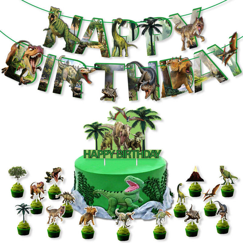 Forniture per feste di dinosauri verdi Set di decorazioni di compleanno usa e getta Banner di palloncini in lattice Baby Shower Jurassic World Toy Cake Flag