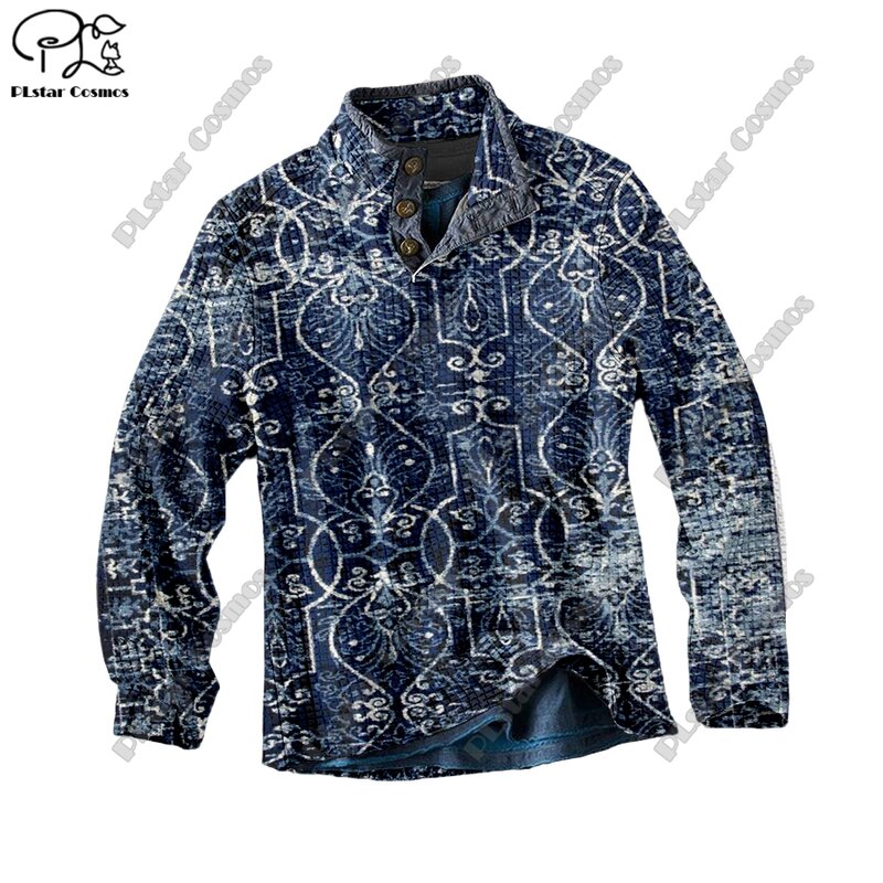 PLstar Cosmos new 3D printing tribal retro pattern series warm stand collar sweater Polo street casual unisex winter Polo L-14