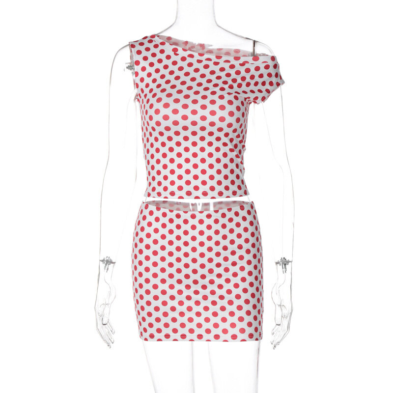 Gtpdpllt-Conjunto de 2 piezas con estampado de lunares para mujer, ropa de verano, minifalda y Top corto de un hombro, 2024