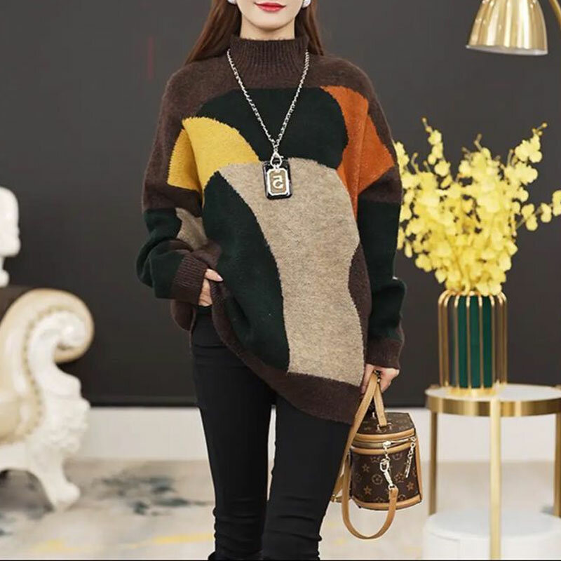Odzież damska swetry codzienne kontrastujące kolory koreański luźne, jesienne zimowy półgolf Vintage Midi dzianinowe swetry nowość