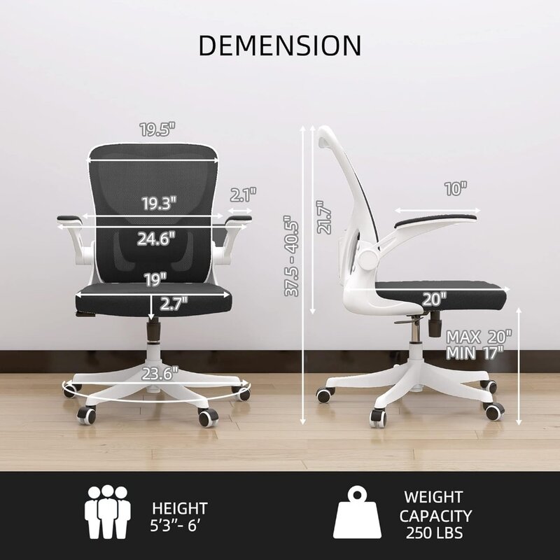 Kursi kantor ergonomis, kursi kantor ergonomis dengan penopang pinggang dan lengan lipat, kursi meja kantor rumah