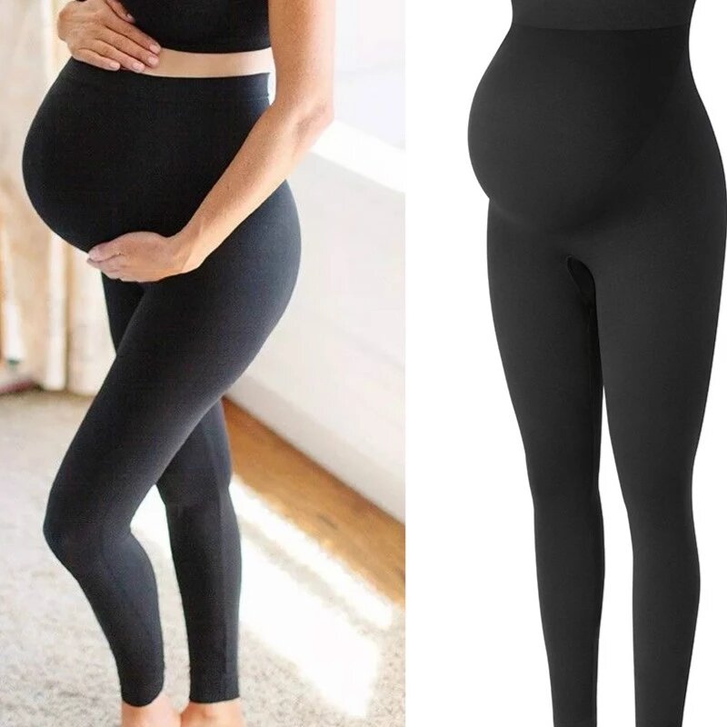 Legging de cintura alta para gestantes, roupa de maternidade, barriga, shaper do corpo preto tricotado, calças de gravidez, leggings magras
