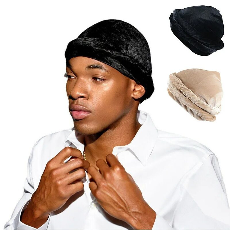 Chapéu de turbante de veludo elástico chapéu de cetim forrado streetwear hip-hop bandana boné elástico de retalhos