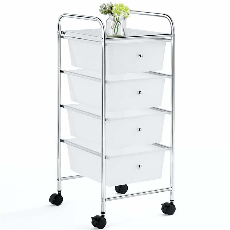 Easyfashion Rolling Storage Trolley Cart with 4 Plastic Drawers on Wheels, White