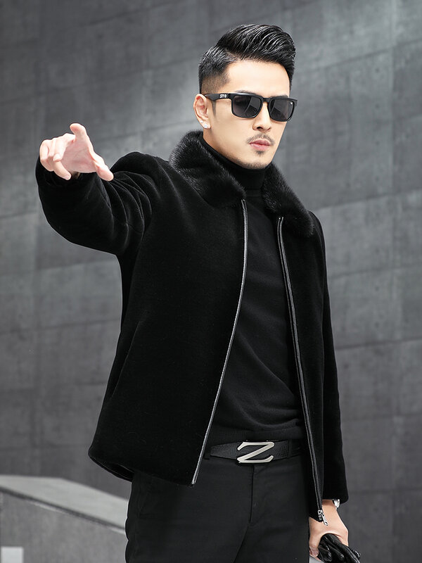 Fashionable Coat Men's Mink Fur Collar Fur Integrated Down Jacket Leather Fur Winter Long Sleeve Solid Color Pocket Coats