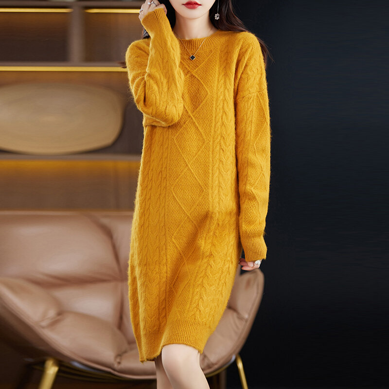Jesień i zima nowa norek z kaszmiru dzianina sweter sukienka pulower z okrągłym dekoltem średniej długości jednolity kolor prosta koszula spódnica kobieta