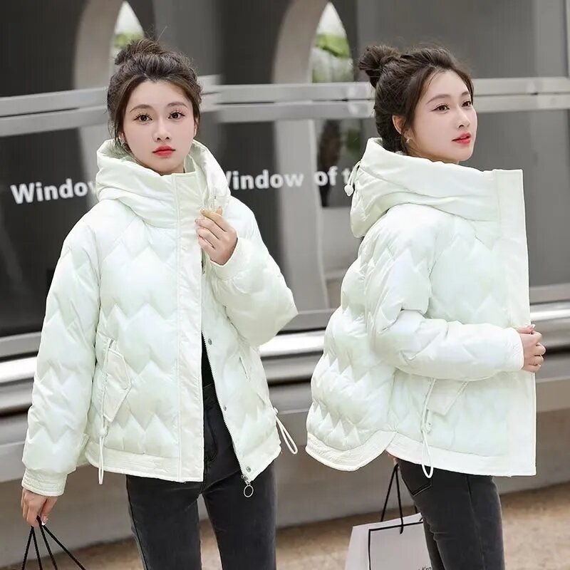 Jaket parka mengilap wanita, jaket Luaran pendek bertudung katun berbantalan tebal hangat musim dingin 2023