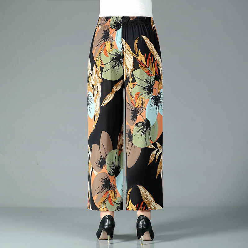 Folk Printed Vintage Casual Pants Female Clothing High Waist Elastic Fashion Drawstring 2024 Summer Thin Wide Leg Cropped Pants