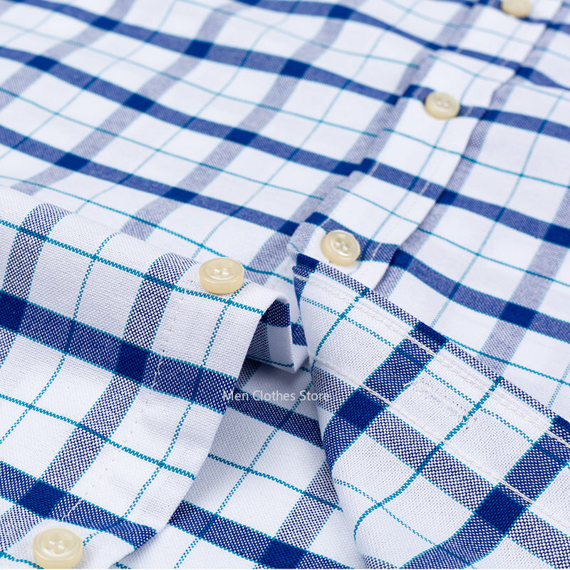 メンズオックスフォード半袖チェッカーストライプTシャツ,純綿2023,スクエアカラー,シングルポケット,サマーカジュアル100%