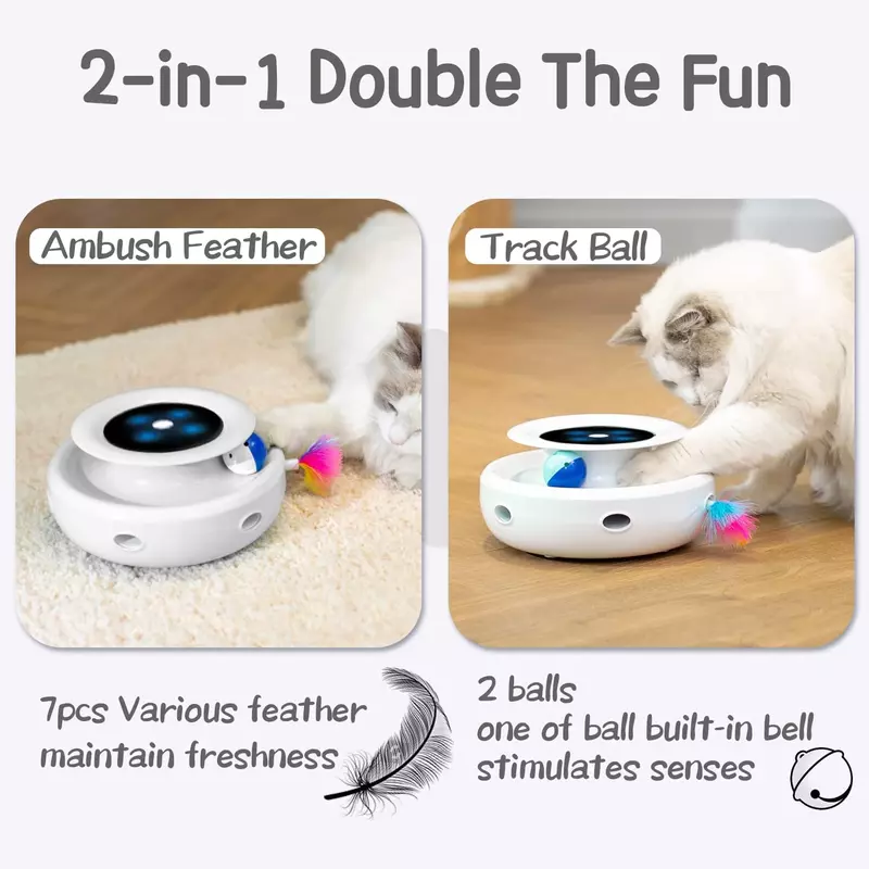 Mainan kucing interaktif 2 dalam 1 untuk kucing dalam ruangan, pengatur waktu nyala/mati otomatis, bola & penyergapan bulu elektronik