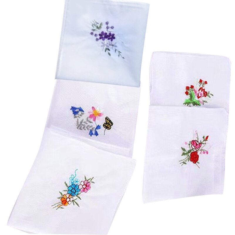 F42F Plain Handkerchief Women Man HighAbsorbent Sweat Towel Embroidery Flower Hankie