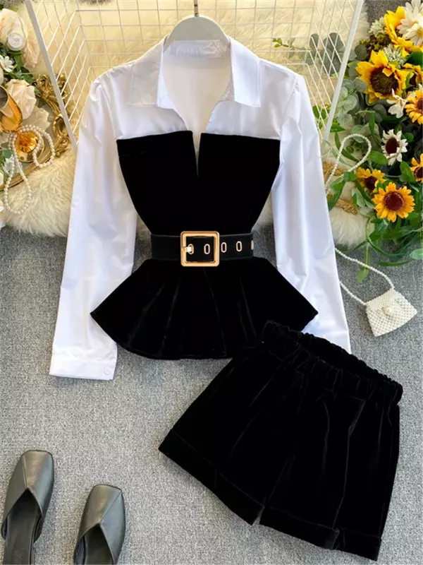 2024 New Spring Spring Long Sleeve Patchwork Velvet Size Small Tops with Belt High Waist Shorts Two Piece Set Women MH334