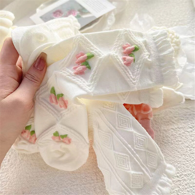 Calcetines de tubo medio de cereza Lolita para niñas y mujeres, medias finas de encaje JK para estudiantes, primavera y verano, 1 par
