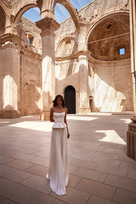 Vestido de noiva plissado sem alças para mulheres, vestido de cetim marfim, vestido de noiva vintage, praia, 2024