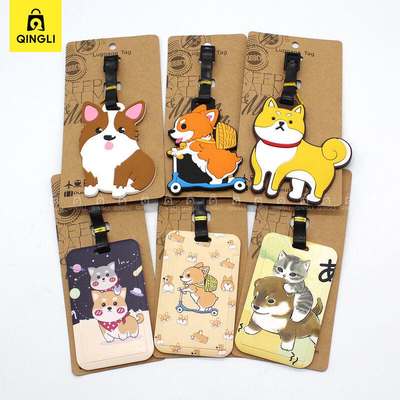 Etiqueta de equipaje de dibujos animados Anime Dogs Lovely Corgi Shiba Inu Akitas, soporte de dirección de identificación, colgante, etiqueta de equipaje de embarque portátil
