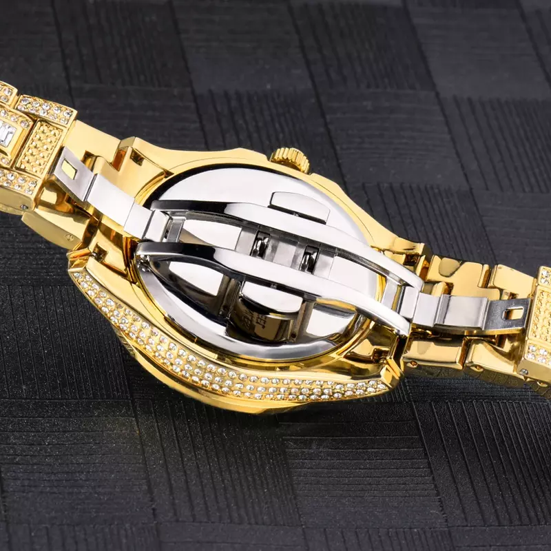 Luxury Gold นาฬิกาผู้ชาย Iced Out นาฬิกาผู้ชาย Hip Hop Full Bling เพชรนาฬิกากันน้ำแฟชั่นนาฬิกาข้อมือควอตซ์ man