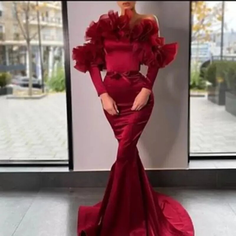 Flora Dress Classic Black Satin Mermaid Off The Shoulder Evening Dresses Long Sleeves Formal Party Women Prom Gown فساتين السهرة