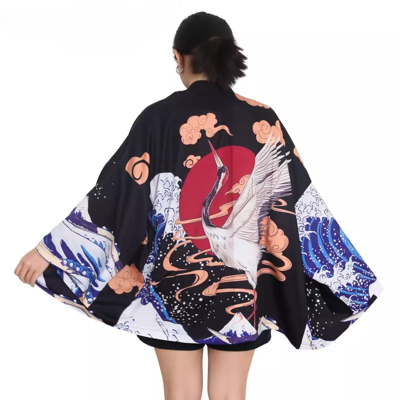 일본 유카타 기모노 가디건 셔츠 여성, 아시아 의류, 전통 웨이브 잉어 프린트, 기모노 하오리