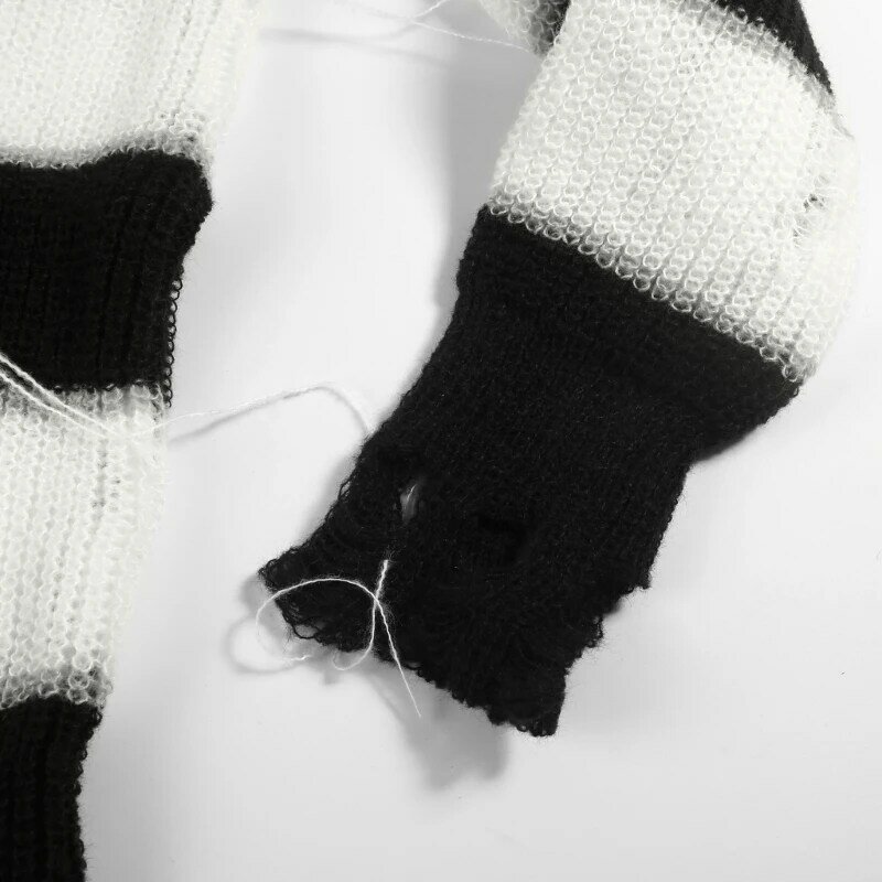 Suéter listrado vintage preto branco com mangas compridas, suéter vazado com buraco quebrado redonda