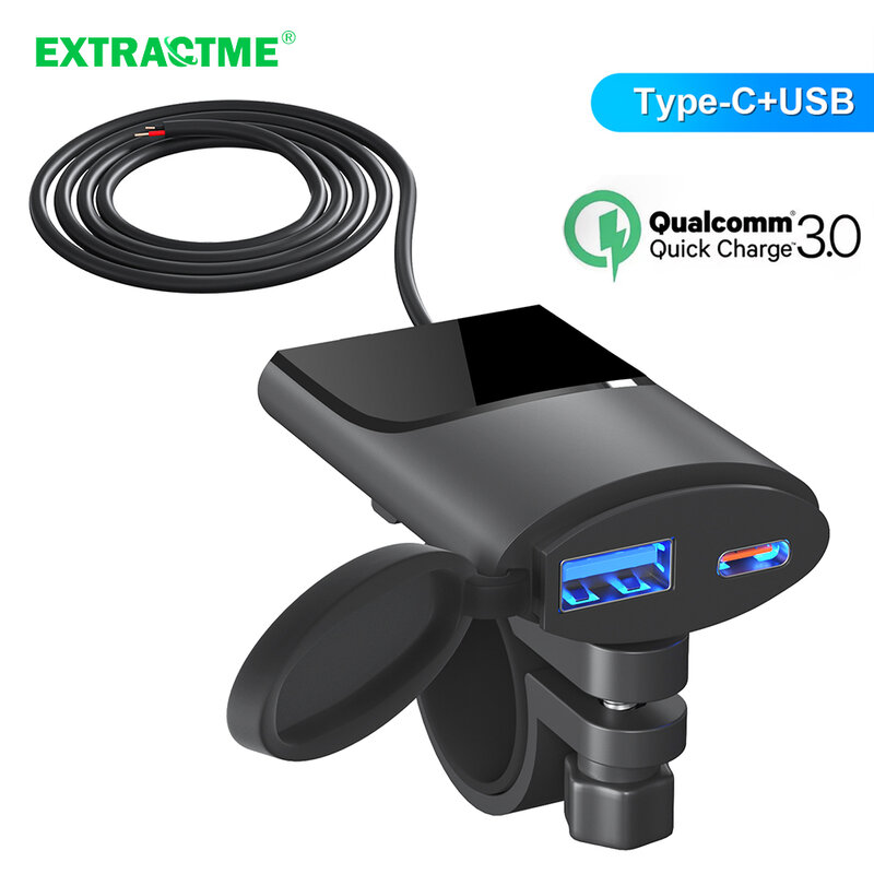 Extractme Motorcycle USB Charger 30W QC3.0 Type C Charger IP67 Waterproof Handlebar Mounting Bracket Moto Phone Charger