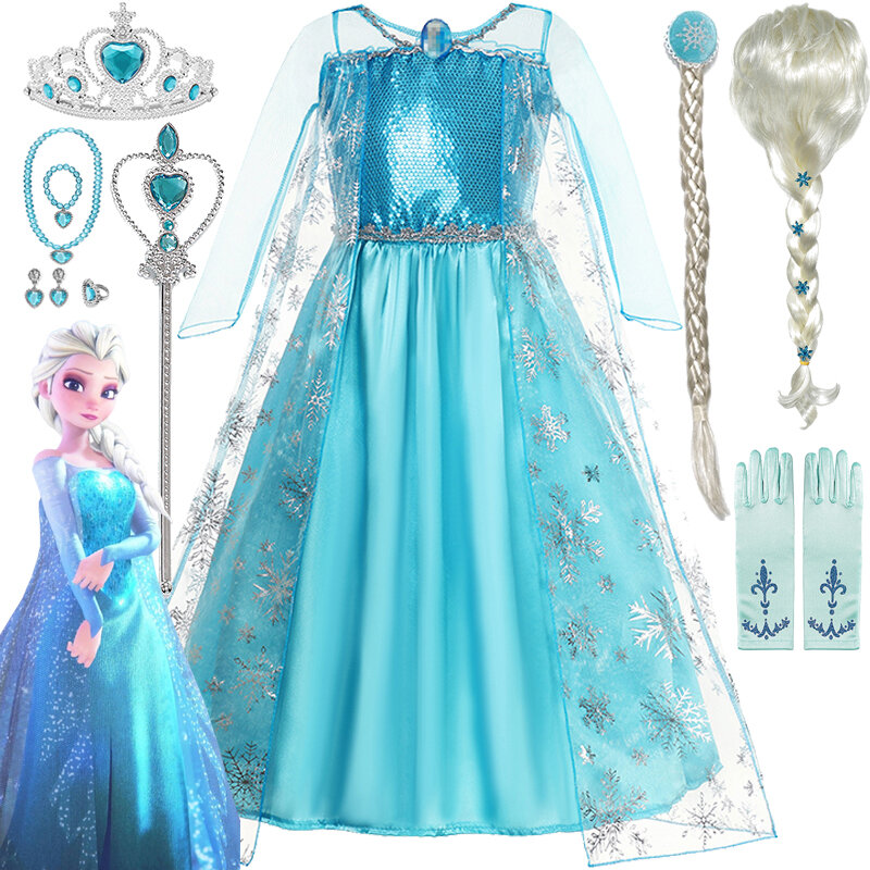Disney-Forzen Elsa Princess Dress para crianças, traje cosplay para bebês, traje de Halloween para o Natal, presente de aniversário, 2 a 8 anos