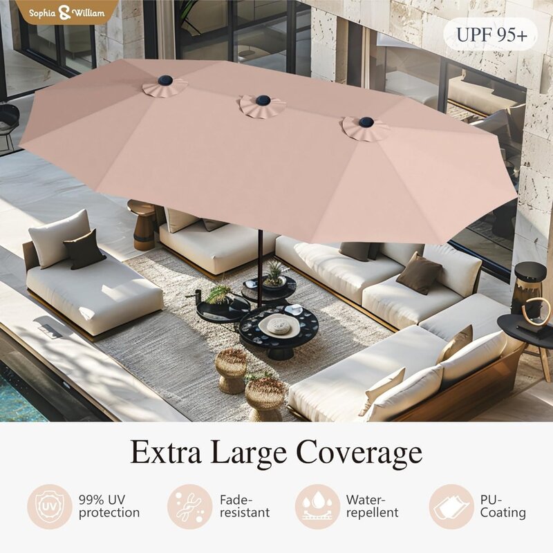15 Foot Oversized Umbrella with Base, Rectangular Outdoor Heavy-duty Umbrella, Fade Resistant Pool Garden, Beige Color