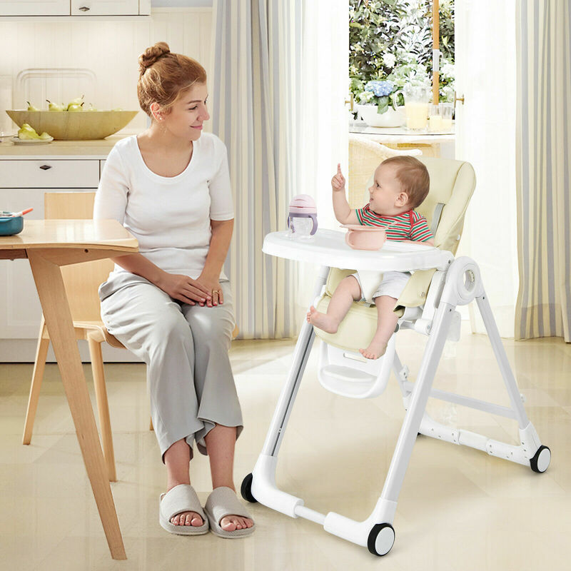 Baby Folding Convertible High Chair w/Wheel Tray Adjustable Height Recline Beige  AD10009BE