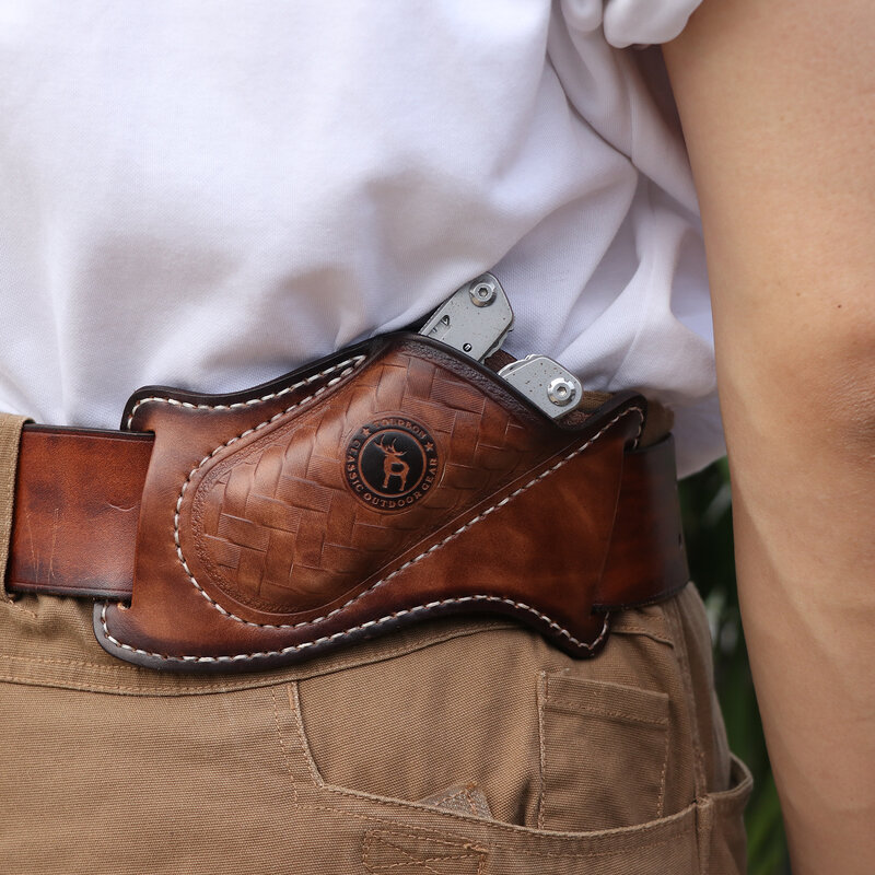 Tourbon EDC Organizer tascabile in pelle per coltello pieghevole Mini portacoltelli Multitool EDC Carrier Pocket Slip con passante per cintura marrone