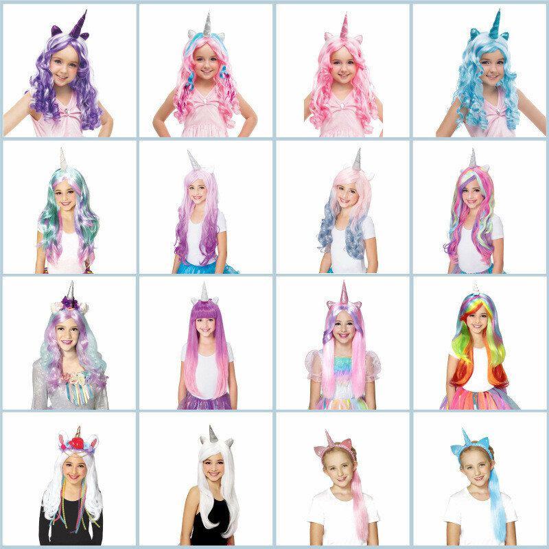 Rainbow Unicorn Wig Princess Hair Custume Cosplay Girls Kids Long Fake Hair Cosplay Cartoon Accessories Children Unicorn Gifts