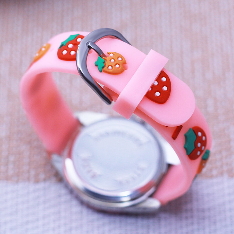 New fashion pretty cute pink girls children watches 3D cartoon strawberry face and strap little kids babies birthday gifts watch