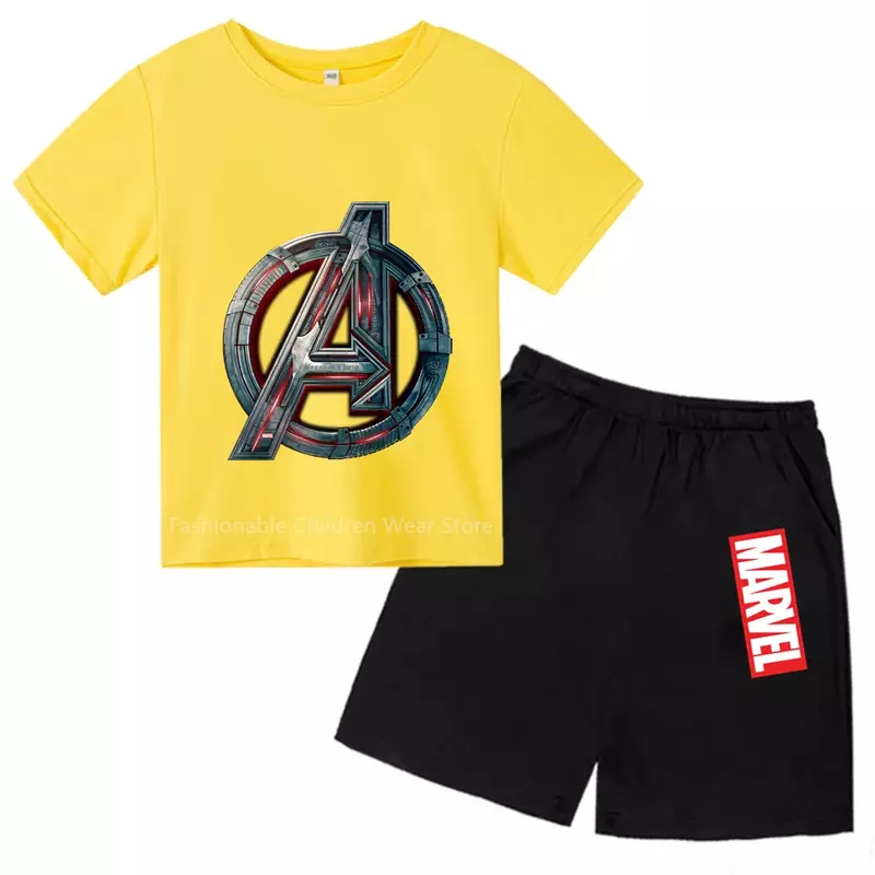 Cool Marvel Avengers Cartoon Design Kids' T-shirt and Shorts Set - Stylish and Refreshing for Boys & Girls' Summer Outdoor Fun